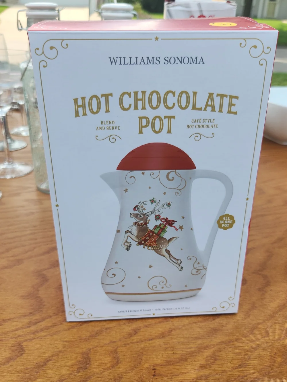 Williams Sonoma White Hot Chocolate Pot with Raindeer Design. NEW IN BOX!